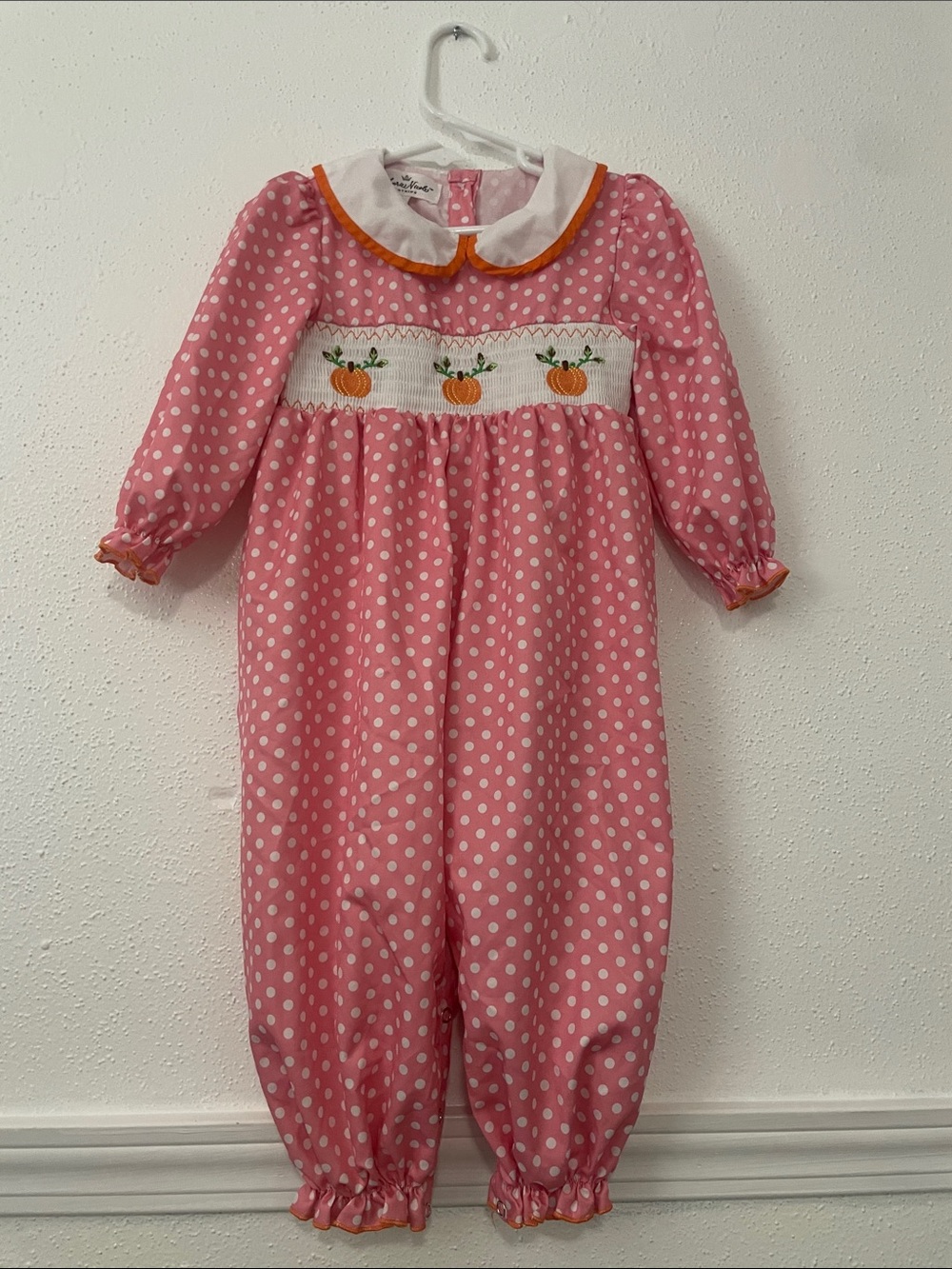 Pink Polka Dot Pumpkin Smocked One-Piece
